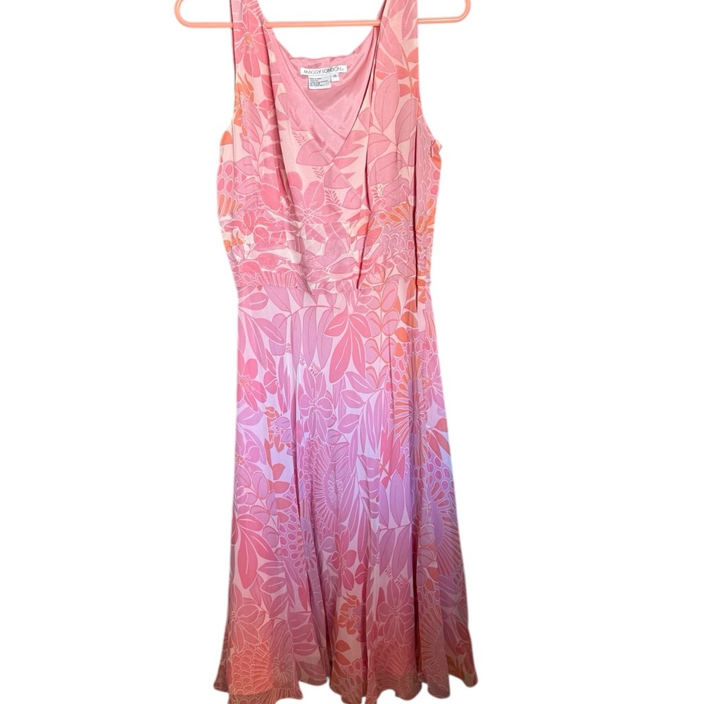 Maggy London 100% silk Floral Midi Dress Pink 14 wedding classic
